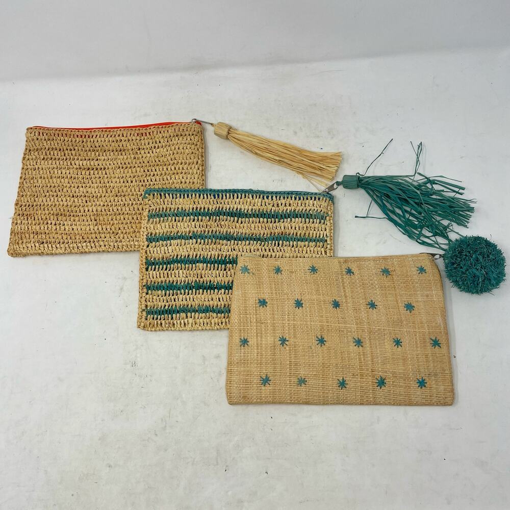 Lot of 3 Mar Y Sol Raffia Zipper Pouches Pom Pom Tassel